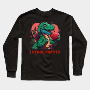 I Steal Hearts Valentines Day Dinosaur, Romantic T Rex Holding a Heart of Love Long Sleeve T-Shirt